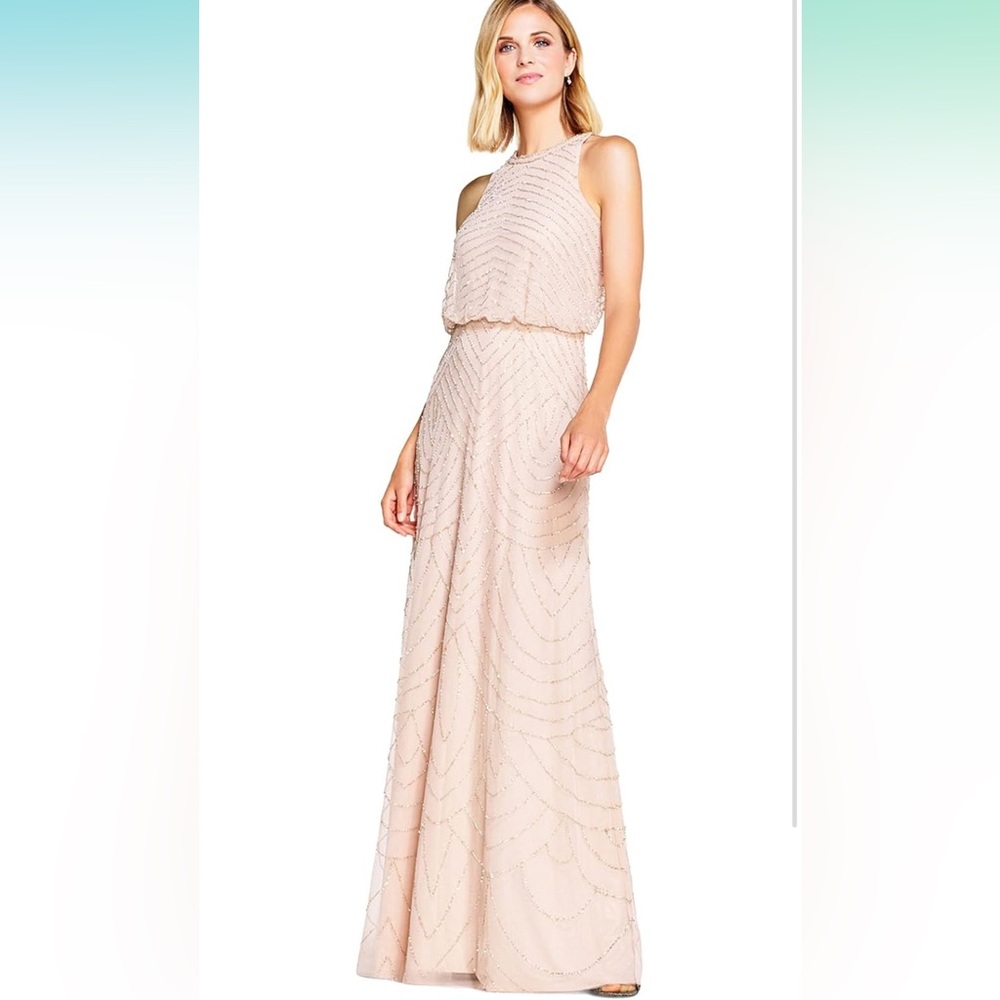 Adrianna Papell Women's Halter Art Deco Beaded Blouson Dress size 6 blush